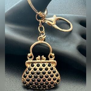 BAG CHARM  Gold Tone Crystal Kiss Lock Purse Bag Charm Keychain in Black